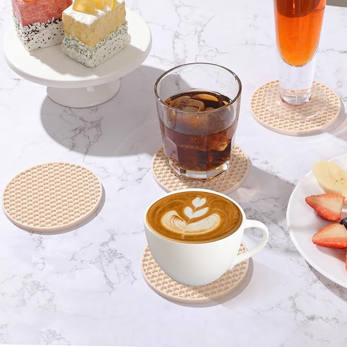Silicone Coasters Set of 8 with Holder,Coasters for Drinks,Beer,Coffee Coasters,Suitable for Kinds Cups,Hot or Cold,Anti-SLI,Non-Stick,Anti-Overflow Tabletop Protection and Decor (8 Pcs, Tapioca)