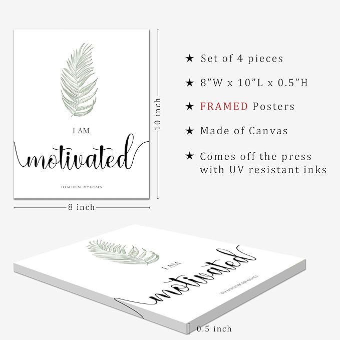 Drsoum Inspirational Framed Wall Art Boho Botanical Plant Wall Decor Motivational Quote Office Study Living Room Bedroom Decor Set of 4 8x10 inch (Wooden Frames)