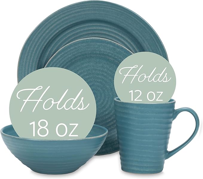 Elanze Designs Charming Chic Ribbed Modern Thrown Pottery Look Ceramic Stoneware Plate Platter Mug & Bowl Kitchen Dish Dinnerware 16 Piece Set - Service for 4, Turquoise