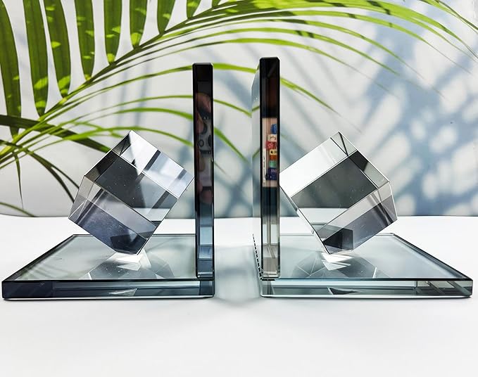 Crystal Bookends Decorative Glass Book Holders Heavy Duty Book Ends with Cube for Shelf Decor Unique Book Stopper Gray