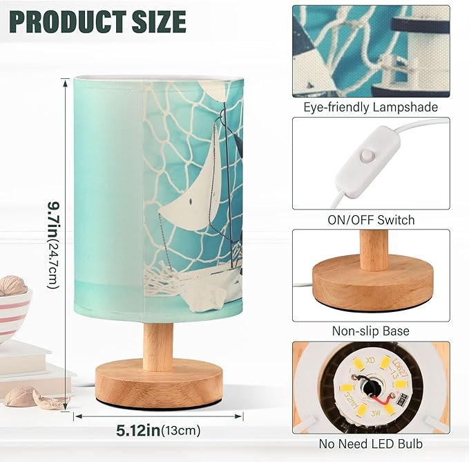 Table Lamp Nautical Sailboat Lighthouse Seashell Fishnet Blue Wood Nightstand Lamp with Wood Base Fabric Lamp Shade Bedside Desk Lamp for Living Room Bedroom Kids Room Office