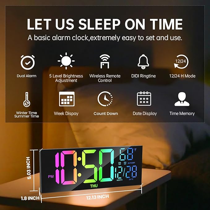 MEISD Digital Wall Clock, 13" Large Display Alarm Clock with Remote Control, RGB Colors, Dual Alarm, Auto-Dimming,Digital Clock with Night Light, Auto DST, Date Week,Gift for Elderly