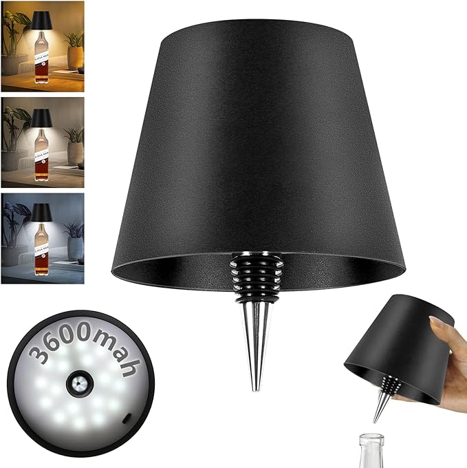 3600mAh Wine Bottle Lamp, 2025 New 3 Color Rechargeable Wireless Bottle Lamp for Liquor Bottles with Touch Dimming for Parties, Restaurants & Home Decor (Black)