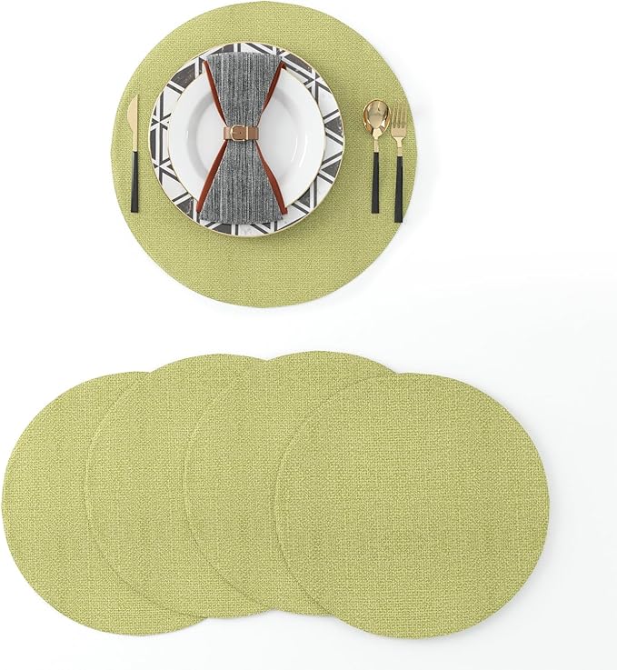 Set of 4 Handmade Round Placemat 15 Inch Soft Linen eco-Friendly Fabric Handcrafted Machine Washable Indoor & Outdoor Tablemat Green