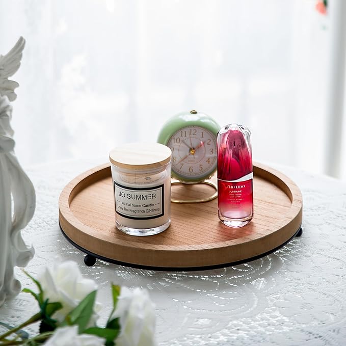 GENMOUS Round Wooden Tray for Coffee Table, Decorative Tray with Iron Bead for Home Decor, Candle Tray Rustic Farmhouse Trays Centerpiece for Living Room Decor, Kitchen Counter Table Dining Decor