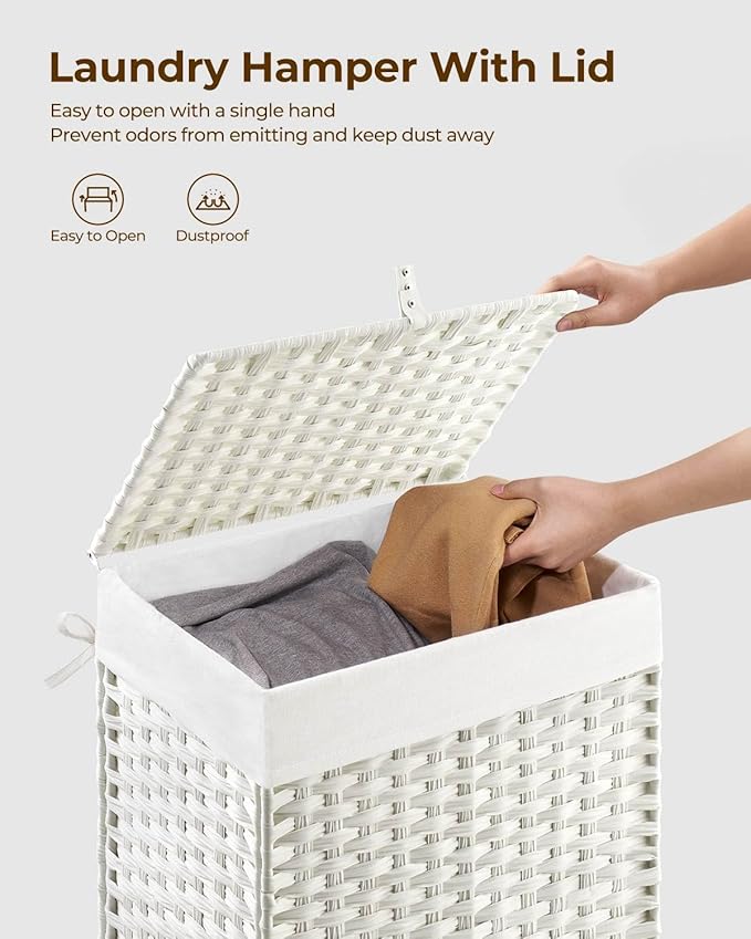 Greenstell Laundry Hamper with Lid, 60L Clothes Hamper with 2 Removable Liner Bags & 2 Mesh Bags, Handwoven Synthetic Rattan Basket, Toys in Bathroom, Bedroom White