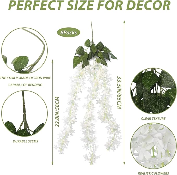 Artificial Lilac Flowers Garland 8Pcs-24Branches 33.5in Fake Syringa Wisteria Vines Faux Silk Lilac Hanging Floral Decoration for Indoor Outdoor Wedding Arch Birthday Party Garden Balcony (White)