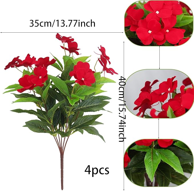 4 Pcs Artificial Flowers Outdoor Impatiens UV Resistant Silk Impatiens Flowers Red Faux Flowers Impatiens Bushes Artificial Impatiens for Pot Patio Lawn Garden Hanging Basket Porch Decor