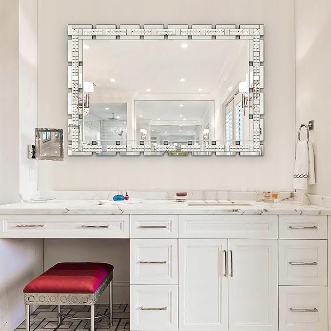 Chende 32" x 47" Large Wall Mirror for Decor, Living Room Decorative Mirror with Crystal, Beveled Edge and Glass Frame, Modern Rectangular Wall Decor Entrance, Fireplace, Home Office