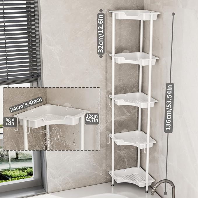 SWTYMIKI Corner Shower Caddy Standing - 5 Tier Floor Standing Shower Organizer with 4 Hooks, Plastic & Stainless Steel Waterproof Corner Stand Shower Shelf Storage Rack for Bathroom, Bathtub, White