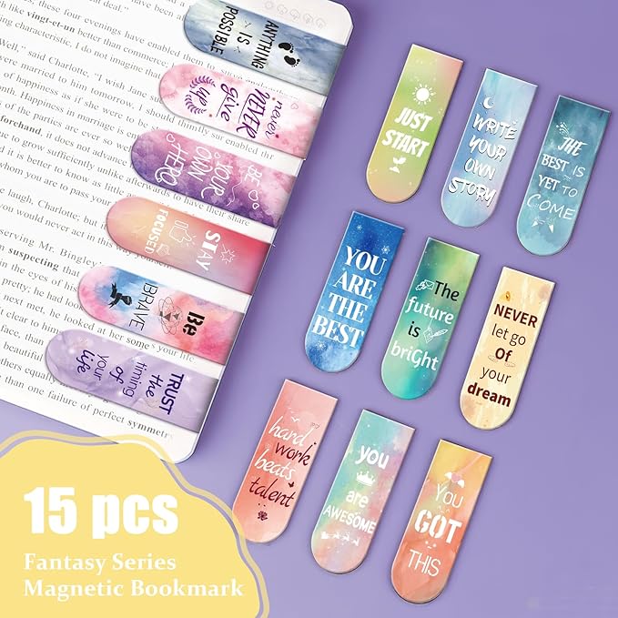 Kaluofan Magnetic Bookmarks - 15PCS Larger Size Inspirational Bookmarks for Women, Kids & Students - Double Sided Magnet Page Clips for Teachers Reading Supplies