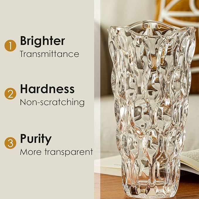CEMABT 9.5inch 3.4 lb Glass Vases for Flowers Unbreakable Thickened Morden vase for Tables Centerpieces,Colorful,Vintage and Clear Rose Large Flower vases for Bouquet Unique Gifts(Champagne)