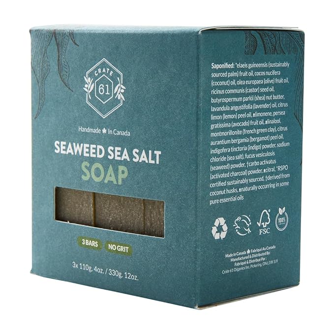 Handmade in Canada, Plant Based Cold Process Natural Bar Soap For Face & Body, With Premium Essential Oils, For Men And Women 3 Pack (Seaweed and Sea Salt)