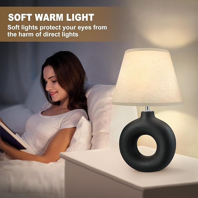 Black Ceramic Table Lamp for Living Room Bedroom, 21" Modern Bedside Lamps with 3 Color Temperature Farmhouse Rustic Table Lights for Night Stands, Dorm, Office, Home Décor (Bulb Included)