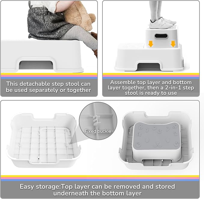 Step Stool for Kids, Anti-Slip Sturdy Toddler Two Step Stool for Bathroom, Kitchen and Toilet Potty Training (White)