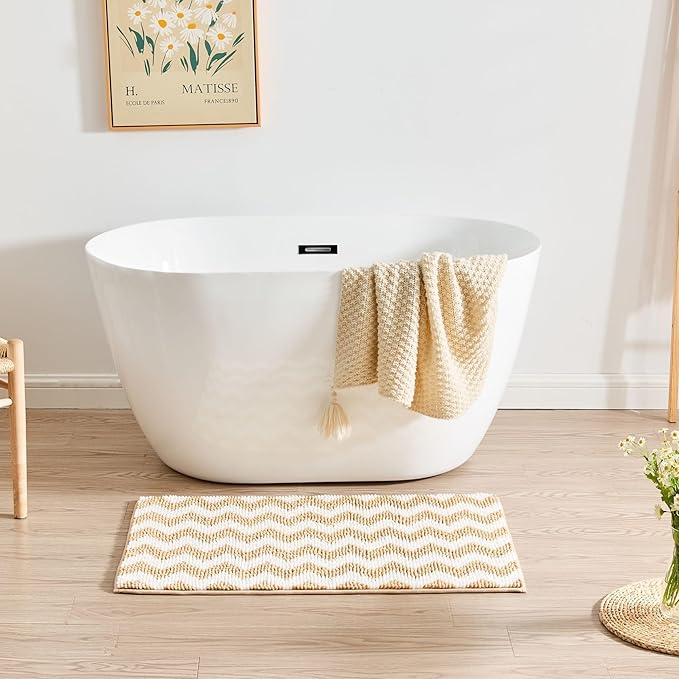 CozeCube Chenille Bathroom Rugs 59" x 24", Soft Microfiber Chevron Bath Mats for Bathroom, Non Slip Shaggy Bath Rugs Machine-Washable, Plush Absorbent Shower Mat, Beige
