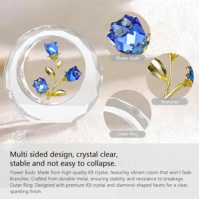 Crystal Flower Figurines,Glass Tulips with Stems,Spring Bouquet Collectible Figurines Home Decor (Blue)