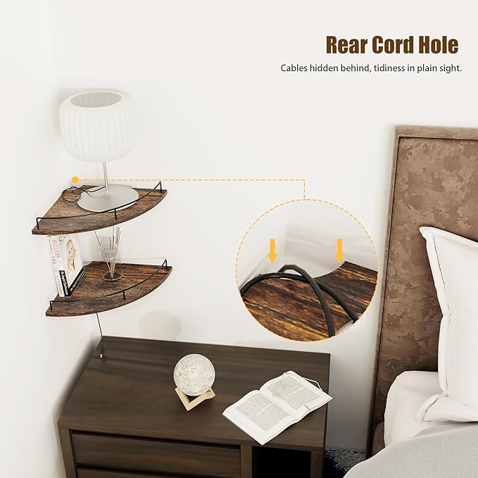 Corner Floating Shelves, Rustic Brown Wood, Set of 2, Wall Mount Storage with Guardrail for Bathroom Kitchen Living Room