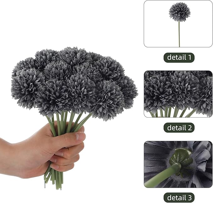 Kimura's Cabin 20Pcs Black Fake Silk Flowers Artificial Chrysanthemum Ball Flower Faux Mums Flowers for Home Dining Table Core Halloween Party DIY Decoration Bouquets (Grey Black)