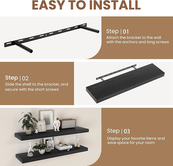 9.3 Inch Deep Floating Shelves, Black Solid Wood Floating Shelf Wall Mounted, 36 x 9 Large Display & Storage Shelves for Books, Living Room, Bathroom, Rustic Wooden Wall Shelves, Heavy-Duty, Set of 2