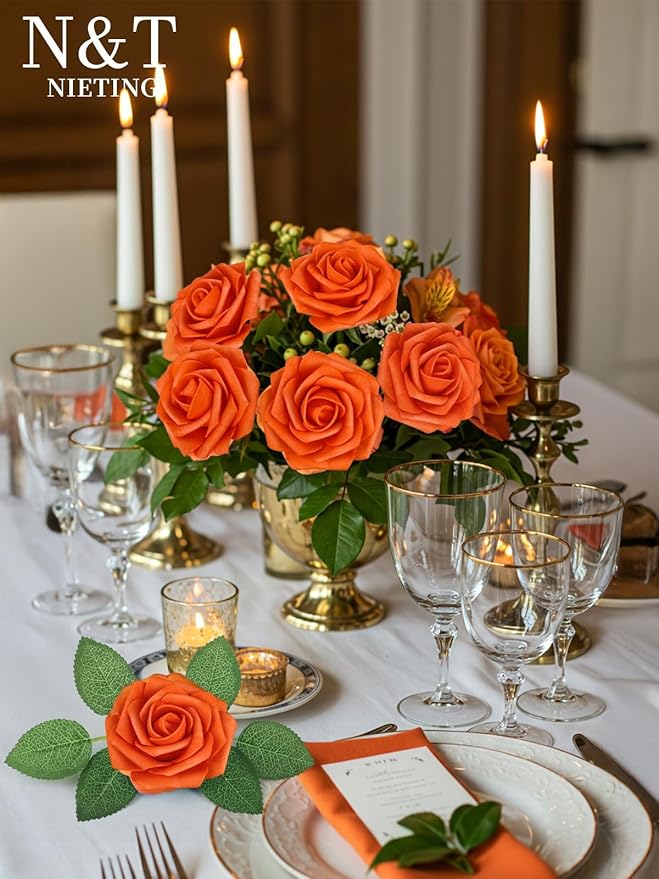 N&T NIETING Artificial Flowers, Fake Flowers Burnt Orange Roses Perfect for DIY Wedding Bridal Bouquets Centerpieces Bridal Shower Party Home Flower Arrangement Decorations, 25Pcs