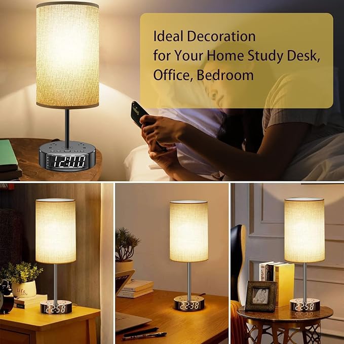 Table Lamp - Bedside Lamp with USB Ports and Outlets, Bedroom Lamp with Alarm Clock Base, 3-Way Dimmable Modern Nightstand Lamps with Round Fabric Lampshade,Touch Lamp for Bedroom Living Room Home