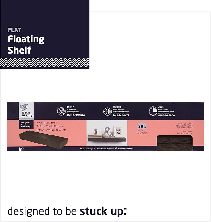 HIGH & MIGHTY 515609 Modern 24" Floating Shelf Holds up to 20lbs, Easy Tool-Free Dry Wall Installation, Flat, Retail Packaging, Espresso