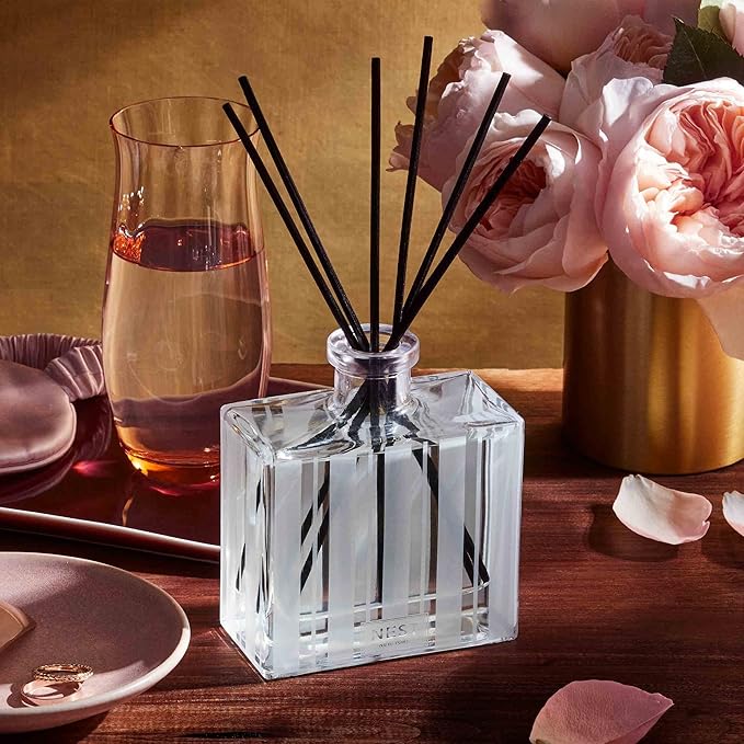 NEST New York Reed Diffuser, Rose Noir & Oud - 5.9 fl oz - Fragrance for Up to 90 Days - Reusable, Refillable Glass Holder - Includes 8 All-Natural Reed Sticks - Flame Free