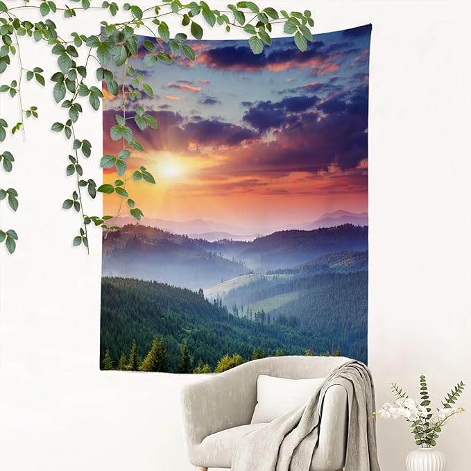 BaoNews Golden Yellow Natural Sunset Tapestry,Landscape Mountains Large Wall Hanging Polyester Tablecloths Tapestry Bedroom Room Living Room Dorm 82.7 x 59.1 Inches