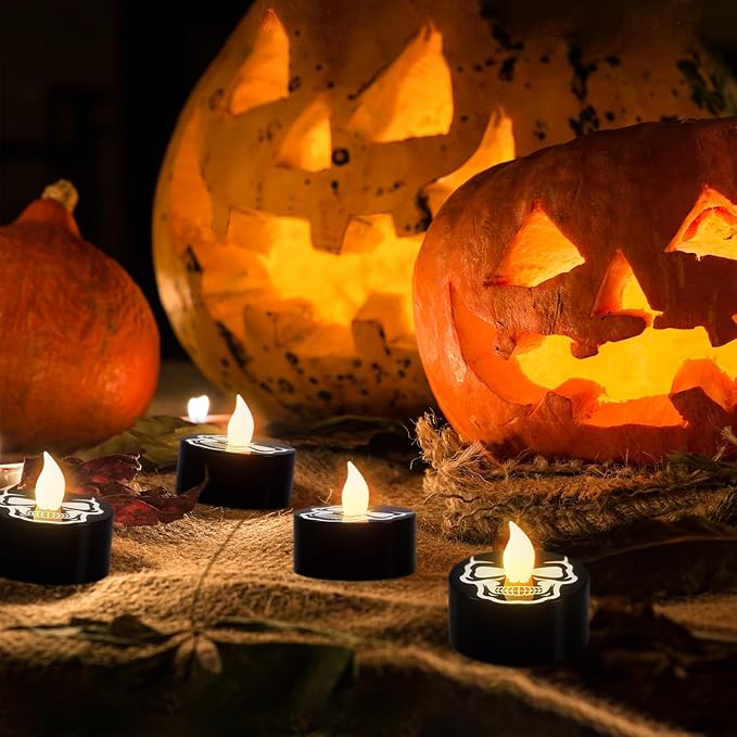 DRomance Halloween Flameless Votive Candles Battery Operated with 6H Timer, 12 Pack Black Spooky Skull Decal LED Flickering Pumpkin Tea Lights Candles Fall Indoor Decoration(1.5" D x 1.4" H)