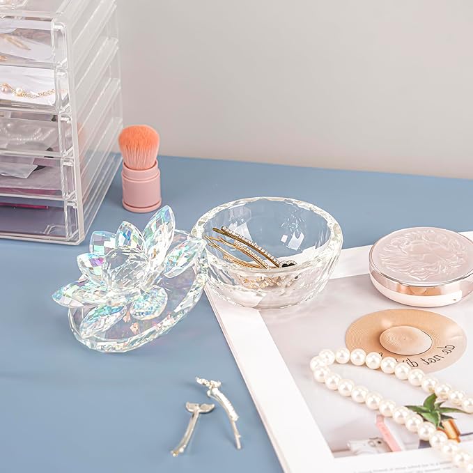 Crystal Jewelry Box Lotus Glass Jewelry Trinket Box with Lid Decorative Box to Ring Earrings Necklace Storage Holder for Home Decor(Dazzling Colors)