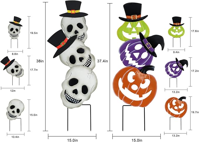 hogardeck Halloween Decorations Outdoor, 2PCS Stacked Skull Pumpkin Decorative Garden Stakes for Halloween Decor, Metal Yard Signs for Outside Garden Lawn Porch Party Decorations