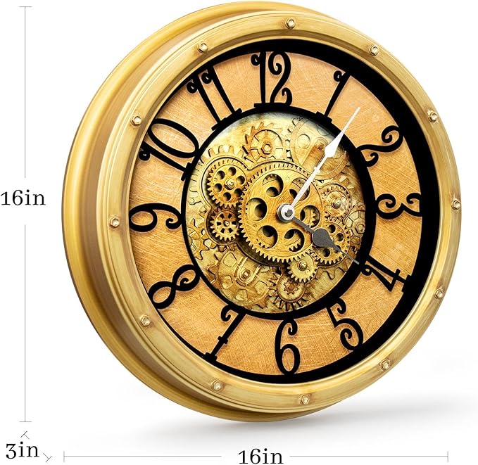 Wall Clock with Moving Gears, Vintage Industrial 16-Inch Silent Non-Ticking Steampunk Timepiece, Retro Frame Analog Battery Operated, Rustic Mechanical Decor for Living Room, Home, Office, Loft(Gold)
