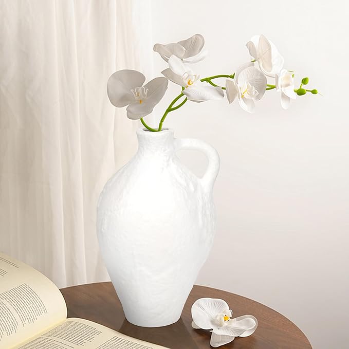 Ceramic Vase with Handles, 10.4inch Tall White Rustic Large Farmhouse Terracotta Vase for Home Boho Decor, Room Table Centerpiece, Living Room, Vintage Pottery Gifts, Bathroom