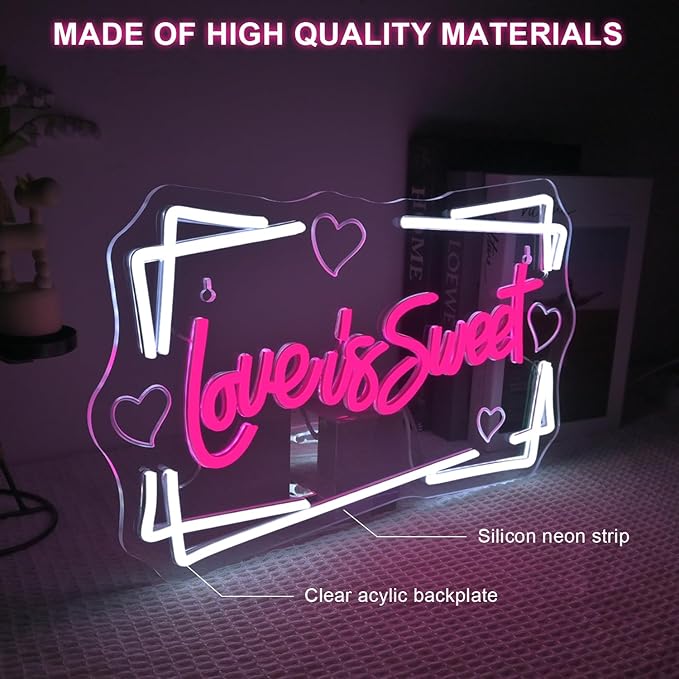 Lucunstar Love is Sweet Neon Sign,Led Light Sign for Wedding Decor Bridal Shower,USB Connectivity Led Sign with Dimming Switch for Home Wall Decor,Girls Decor,Party Room