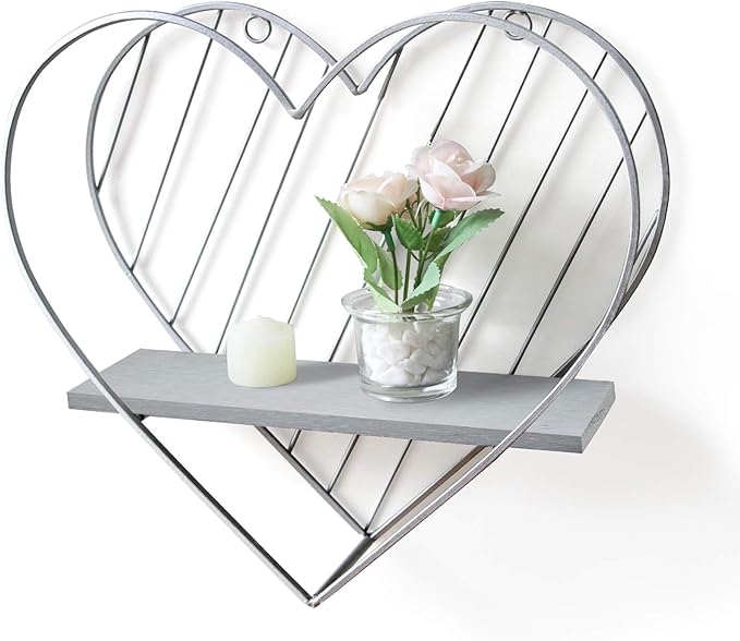 Afuly Wall Shelf Metal Grey Floating Shelves Heart Design Small Shelf Storage Rack Modern Romantic Farmhouse Style Cute Fancy Unique Nursery Room Bathroom Bedroom Wall Decor
