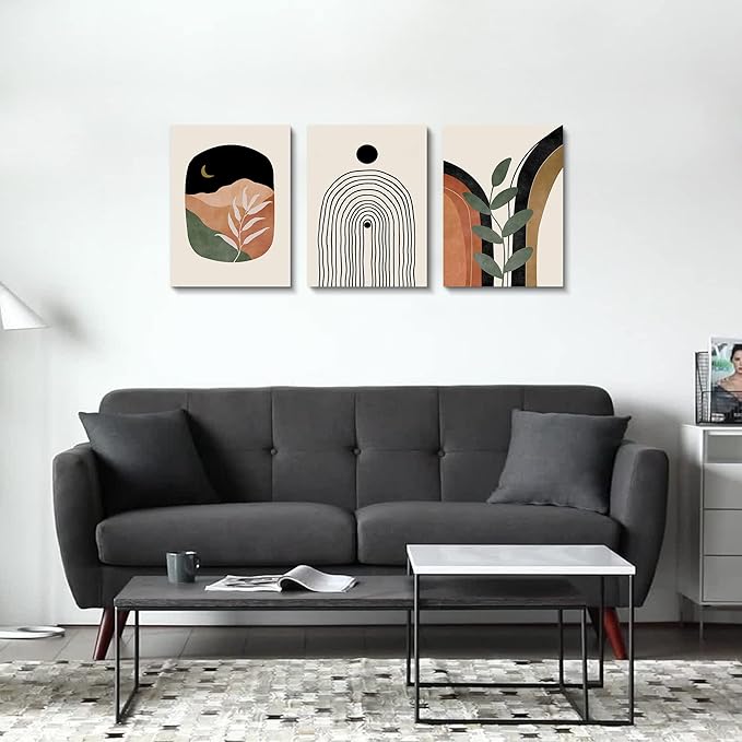 Boho Wall Art Prints Set of 3, Neutral Abstract Geometric Canvas Artwork for Bedroom, Bathroom, Living Room, Office (12x16 Inch x 3 Pieces)