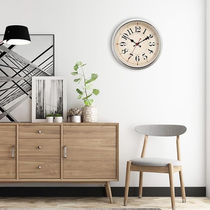 Wall Clock Metal 12.4" Retro Vintage Wall Clocks Countryside Style Silent Non Ticking Easy to Read for Living Room, Kitchen, Bedroom, Office, Bar(12.4" Beige)