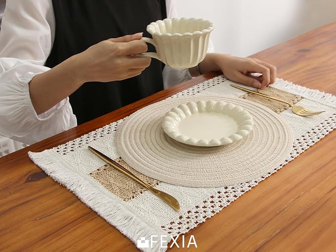 FEXIA Boho Placemats Set of 6, Macrame Table Decor and Farmhouse Style Placemats Natural Cotton Burlap, for Kitchen and Dining Table Centerpiece Home Decorations