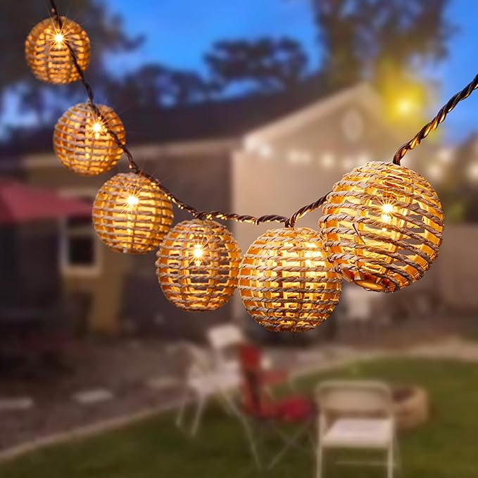 Decorative Outdoor Patio String Lights, Seagrass Rattan Wire Ball Style Lantern String Lights, Connectable Weatherproof Indoor Outdoor Globe Boho String Light for Home Pergola Garden Party Backyard