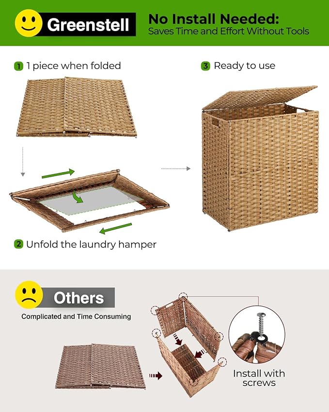 Greenstell Laundry Hamper No Install Needed, Divided Clothes Hamper with 2 Removable Liner Bags, 90L Handwoven Synthetic Rattan Laundry Basket with Lid and Handles, Foldable Natural