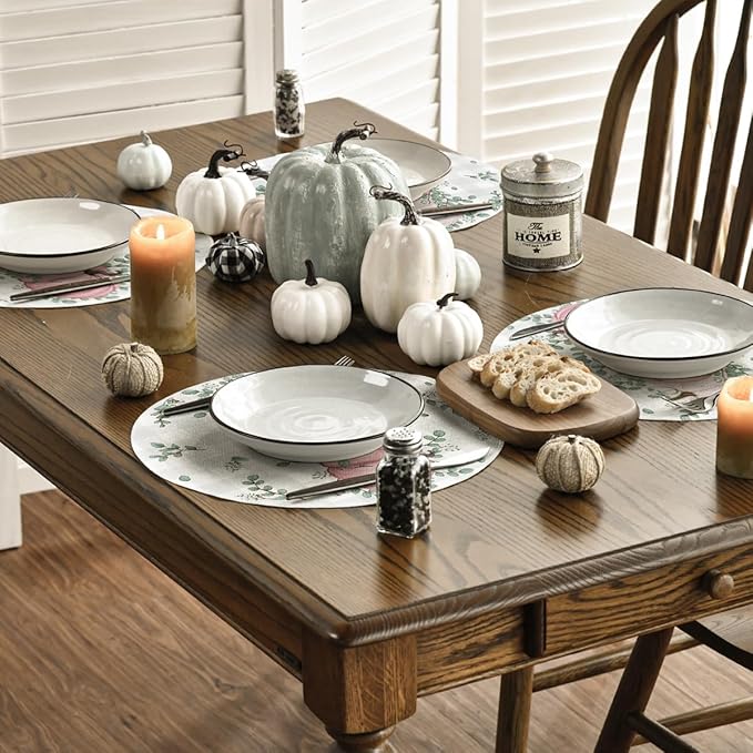 Artoid Mode Pink Pumpkins Fall Round Placemats Set of 4,14 Inch Eucalyptus Thanksgiving Seasonal Round Place Mats for Party Dining Decoration