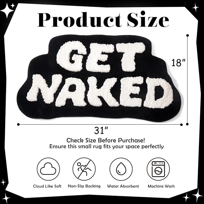 Irregular Shaped Get Naked Bath Mat - Fun, Cute Non-Slip Black & White Decor, 31" x 18"