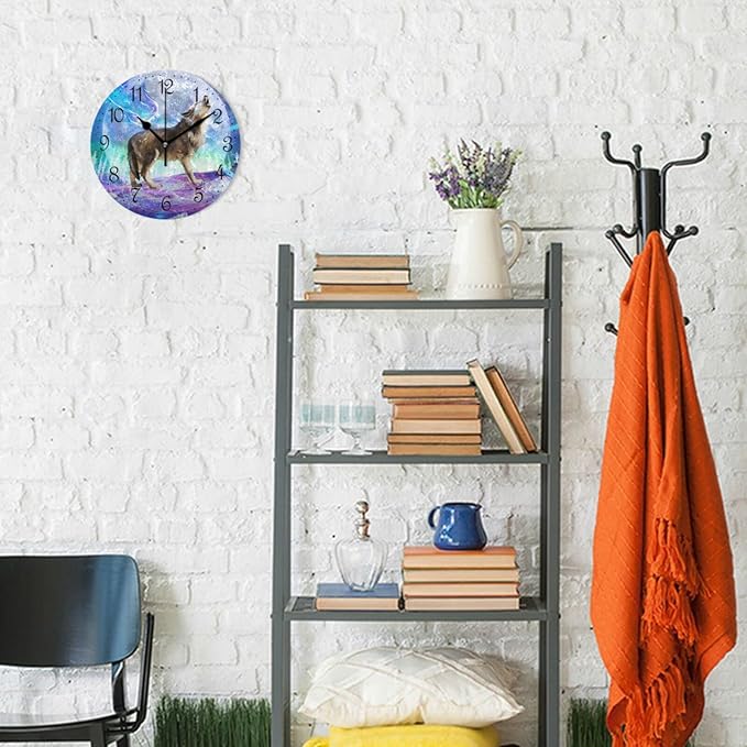 ALAZA Wall Clock Wolf Moon Silent Non-Ticking Decorative Wall Clocks Battery Operated 10 Inch for Home Living Room Kitchen Bathroom Bedroom