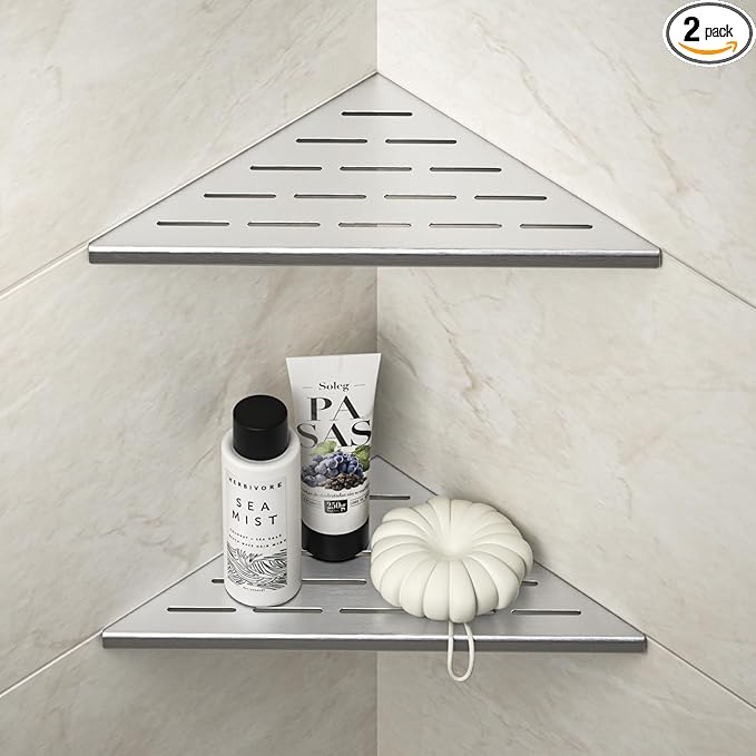 Corner Shower Shelf 10" Brushed 304 Stainless Steel Slot Design Recessed Corner Shelves Bathroom Shower Shelf for Tiled Wall, 2 Pack
