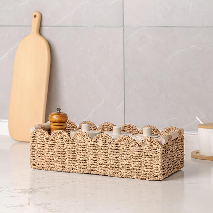 CubesLand Paper Rope Scalloped Edge Toilet Paper Storage Basket, Small Living Room, Bedroom Decor Baskets for Over Toilet Storage Shelf, End Table, Shelves and More, with 2 Wooden Handle, Neutral