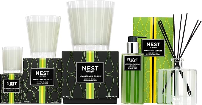 NEST New York Reed Diffuser, Lemongrass & Ginger - 5.9 fl oz - Fragrance for Up to 90 Days - Reusable, Refillable Glass Holder - Includes 8 All-Natural Reed Sticks - Flame Free