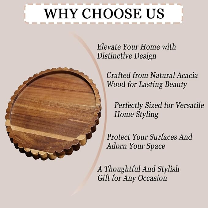 11.8 Inch Round Acacia Wood Decorative Tray for Coffee Table - Unique Scalloped Edge Design, Ideal Wooden Centerpiece Trays for Kitchen, Dining Room, Living Room and Home Decor