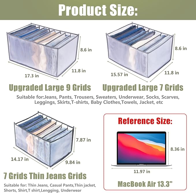 TOOVREN Upgraded Jeans Organizer for Closet, Wardrobe Clothes Storage, Mesh Foldable Compartment for Pants, Leggings, 2 Pack, Large 7 Grids