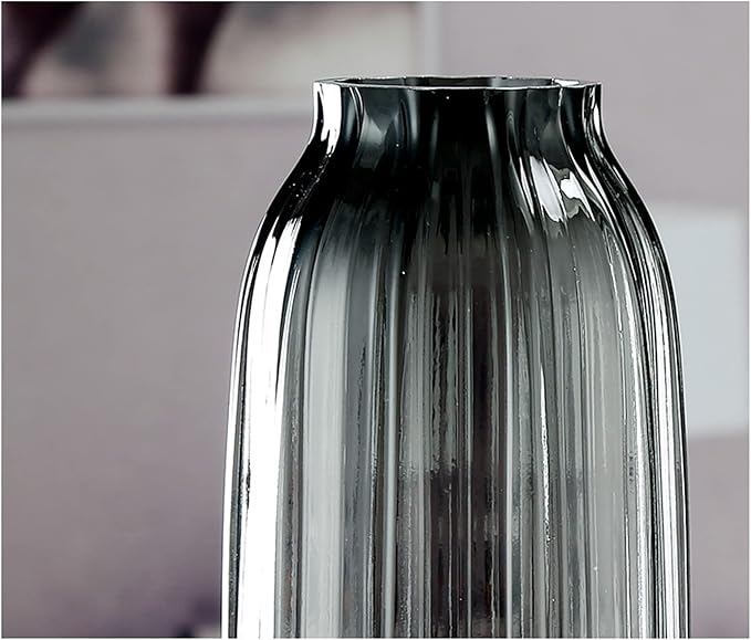Black Grey Glass Vase for Flowers,Darl Grey Bud Tall Glass Vases,H-12.6" Simple Striped Design for Home Floor Decor,Farmhouse Decor, Centerpiece Coffee Table Decorations